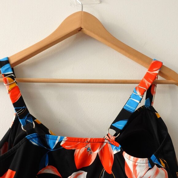 Black Floral Tankini Swim Top Large Layered V Neck Bold Hawaiian Boho Beach - Picture 6 of 8